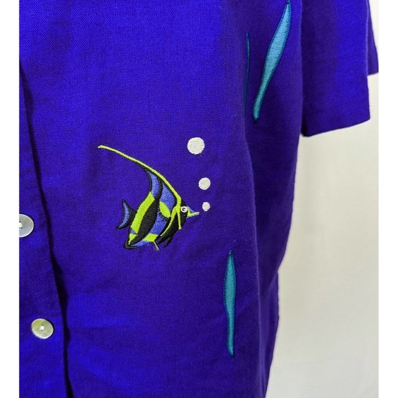 GONE Vintage 90s Top Dark Blue Fish Embroidered Short Sleeve Blouse Women's 20W - Picture 11 of 11